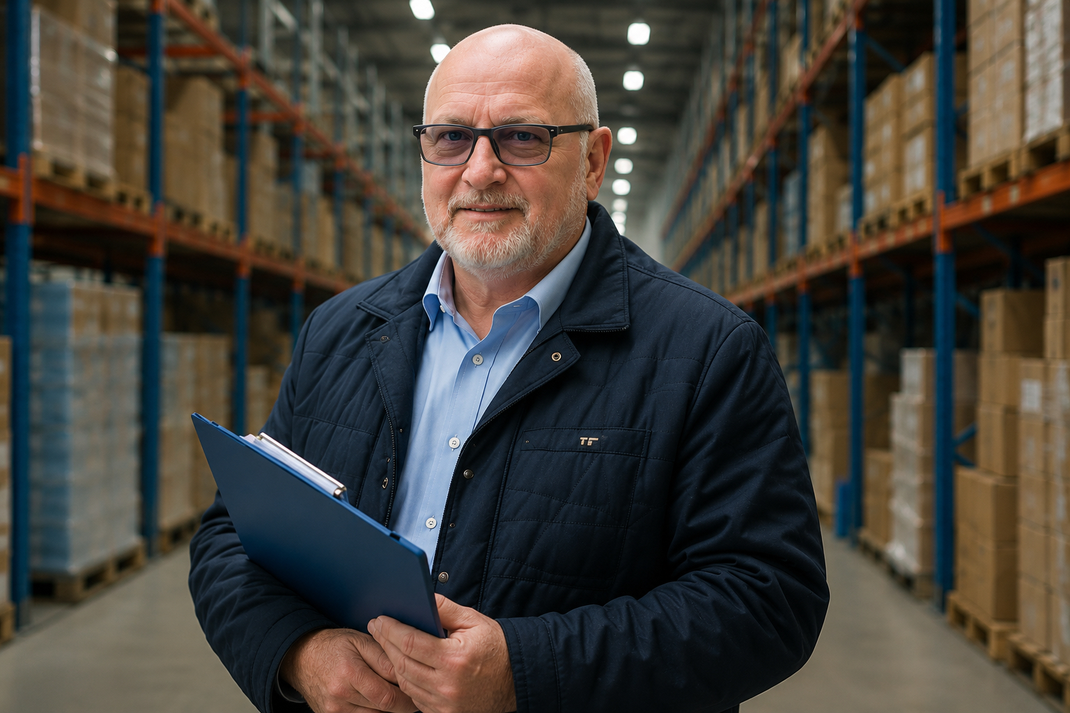 Stuart Delmonte reviewing a commercial debt recovery case in a warehouse