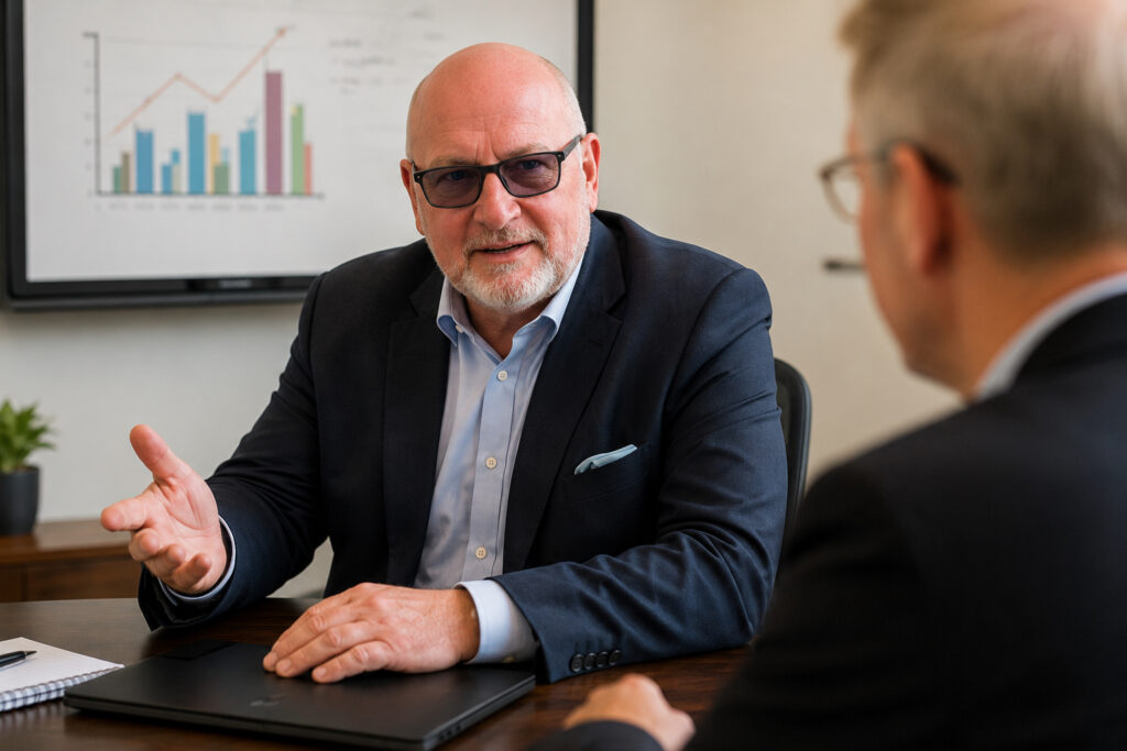 Stuart Delmonte discussing a commercial debt recovery case with a client